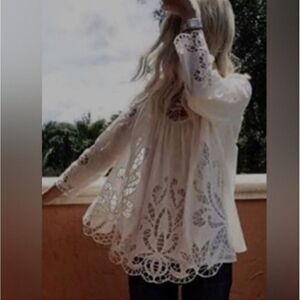 HARLYN ANTHROPOLOGIE WHITE LACE CUT OUT SCALLOPED  COTTON HIGH NECK TOP S SMALL